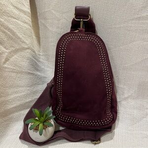 Burgundy Faux Suede Sling Bag with Stud Accents